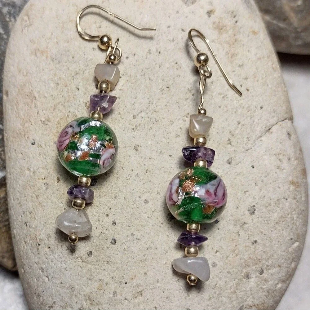 14k GF Murano Glass Foil Rose Bead Dangle Earrings